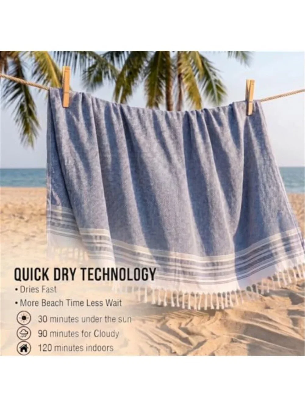 Oversized Turkish Beach Towel Blanket Sand Free Quick Dry Cotton 82 X 88 Blue